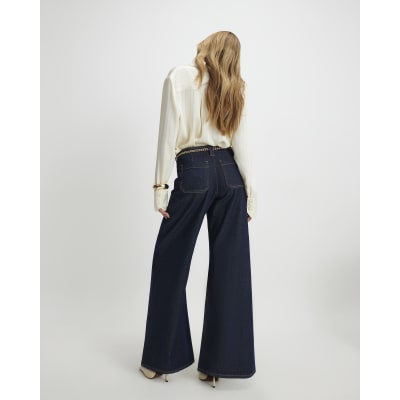 Blue Belted Wide Leg Jeans