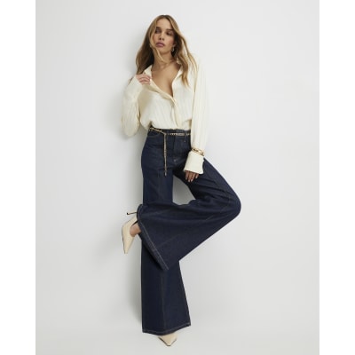 Blue Belted Wide Leg Jeans