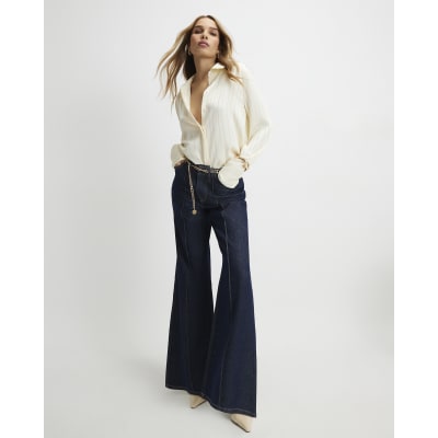 Blue Belted Wide Leg Jeans