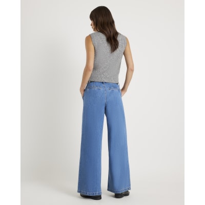 Blue Belted Wide Leg Pleated Jeans
