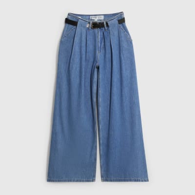 Blue Belted Wide Leg Pleated Jeans