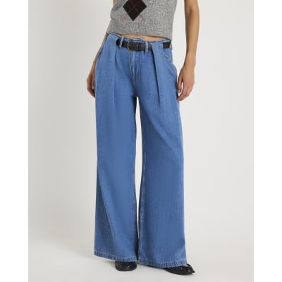 Blue Belted Wide Leg Pleated Jeans