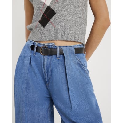 Blue Belted Wide Leg Pleated Jeans