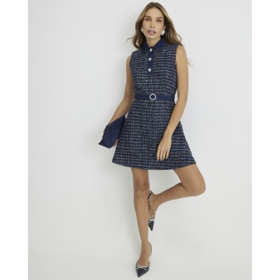 Blue Boucle Belted Mini Dress