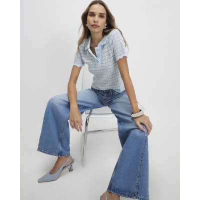 Blue Button Up Boucle Collared Top