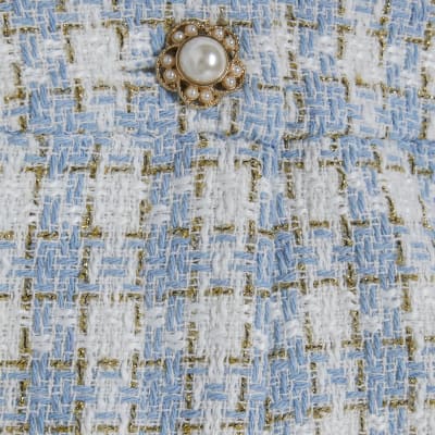 Blue Check Fringe Hem Boucle Shorts