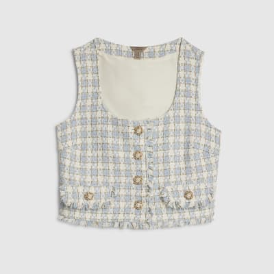 Blue Check Fringe Hem Boucle Waistcoat
