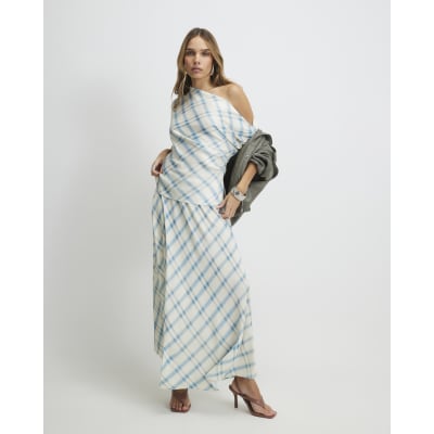 Blue Check Off The Shoulder Top