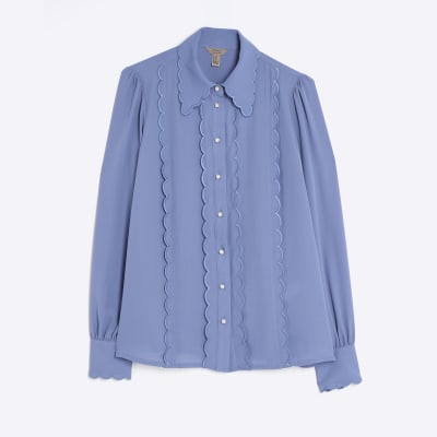 Blue Chiffon Scallop Trim Shirt