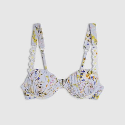 Blue Daisy Floral Print Bikini Top