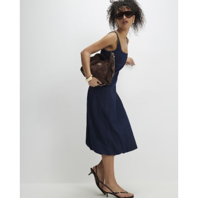 Blue Denim Bubble Hem Midi Dress
