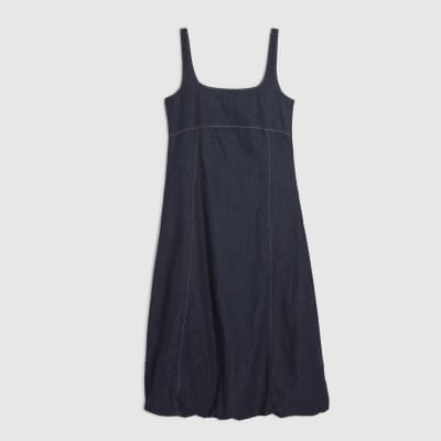 Blue Denim Bubble Hem Midi Dress