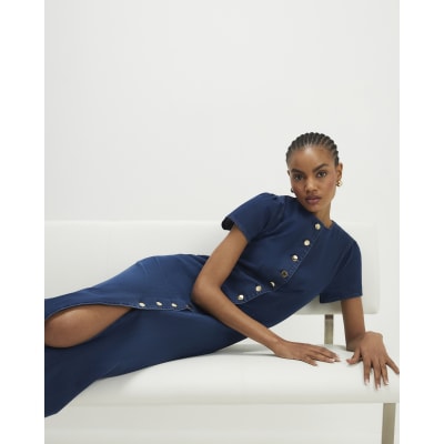 Blue Denim Button Cap Sleeve Midi Dress