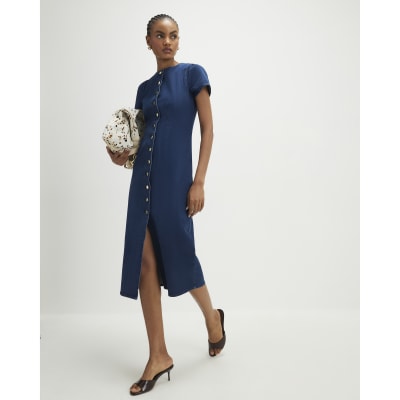 Blue Denim Button Cap Sleeve Midi Dress