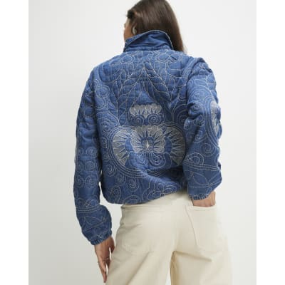 Blue Denim Embroidered Quilted Bomber Jacket