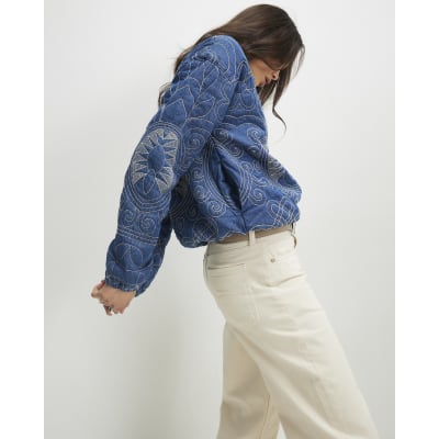 Blue Denim Embroidered Quilted Bomber Jacket