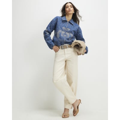 Blue Denim Embroidered Quilted Bomber Jacket