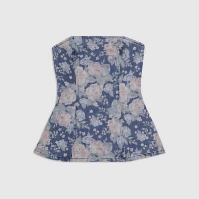 Blue Denim Floral Bandeau Top
