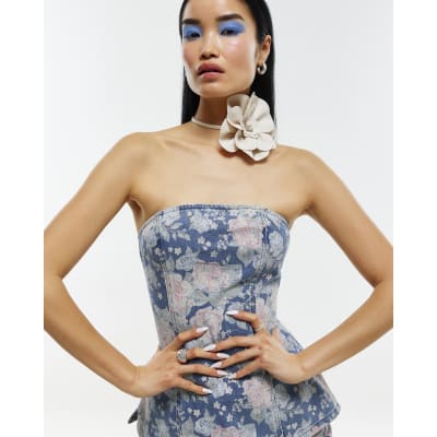 Blue Denim Floral Bandeau Top