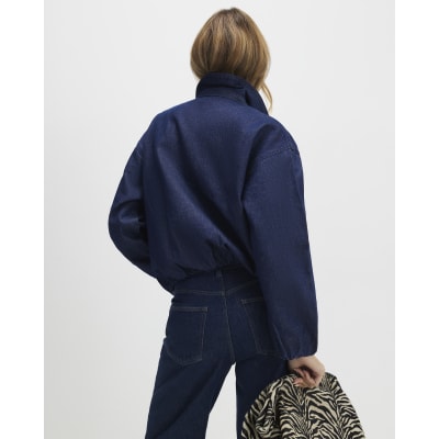 Blue Denim Gathered Hem Bomber Jacket