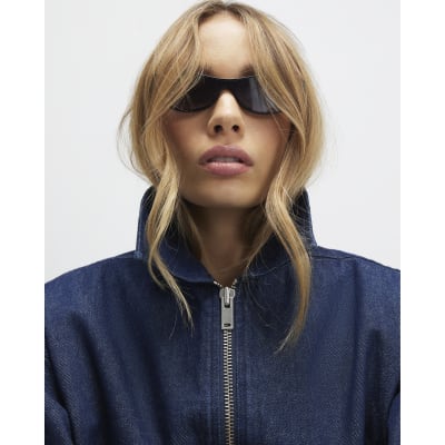 Blue Denim Gathered Hem Bomber Jacket