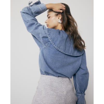 Blue Denim Long Sleeve Collared Shirt