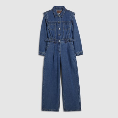 Blue Denim Long Sleeve Waisted Jumpsuit