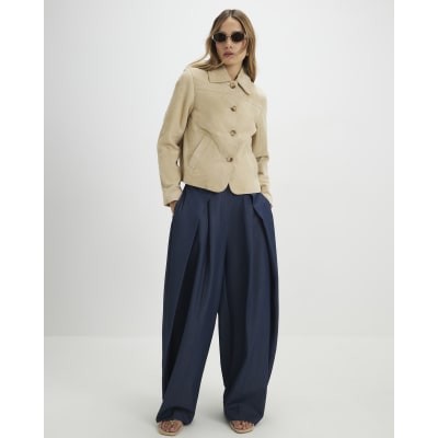 Blue Denim Look Pleated Trousers