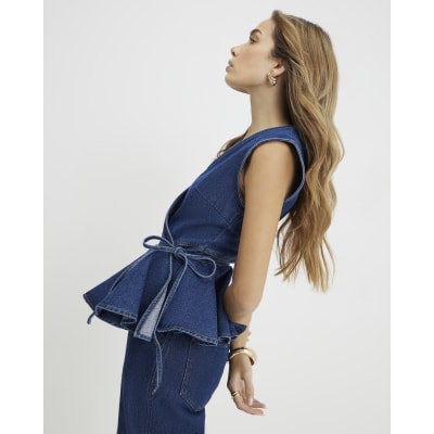 Blue Denim Peplum Wrap Top