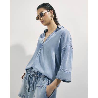 Blue Denim Short Sleeve Tunic Top