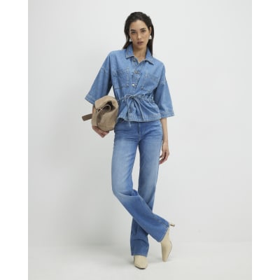 Blue Denim Tie Front Top