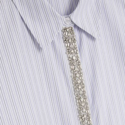 Blue Diamante Trim Stripe Shirt