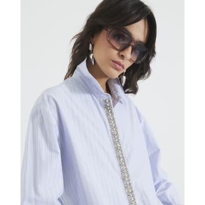 Blue Diamante Trim Stripe Shirt