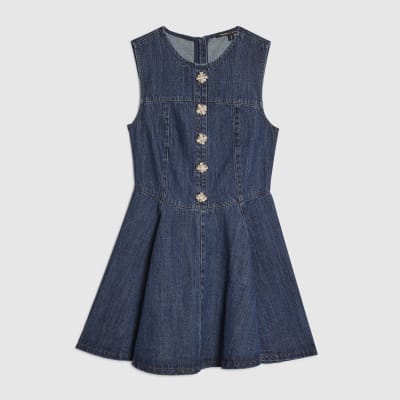 Blue Embellished Button Denim Mini Dress