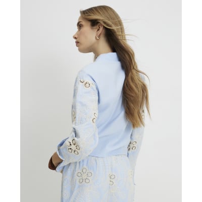 Blue Embroidered Crochet Shirt