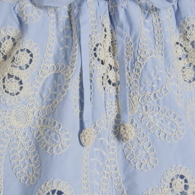 Blue Embroidered Crochet Shorts