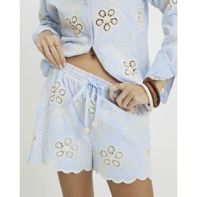 Blue Embroidered Crochet Shorts