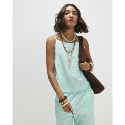 Blue Floral 3D Embroidered Tank Top