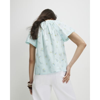 Blue Floral Frill Short Sleeve Blouse