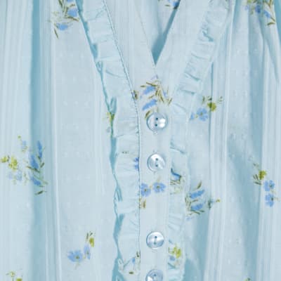 Blue Floral Frill Short Sleeve Blouse