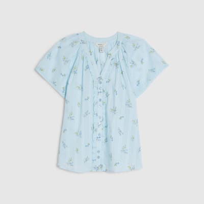 Blue Floral Frill Short Sleeve Blouse