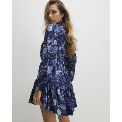 Blue Floral Mini Shirt Dress