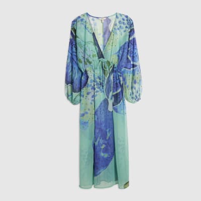 Blue Floral Print Maxi Beach Tunic Dress