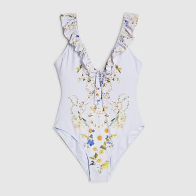 Blue Floral Print Swimsuit