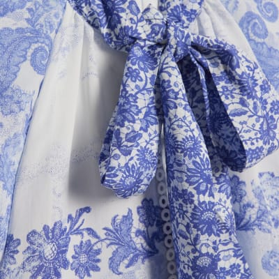Blue Floral Pussybow Blouse