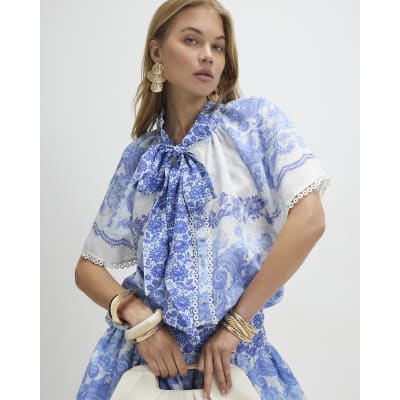 Blue Floral Pussybow Blouse