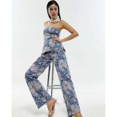 Blue Floral Relaxed Straight Jeans