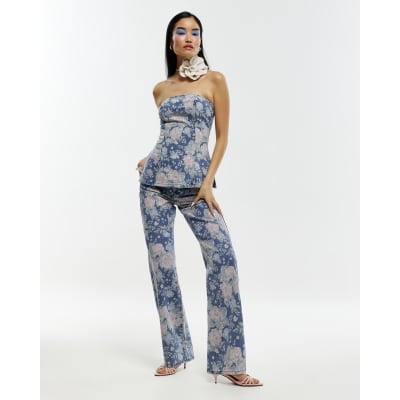 Blue Floral Relaxed Straight Jeans