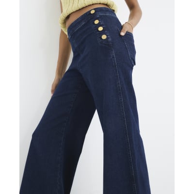 Blue High Rise Palazzo Button Detail Jeans