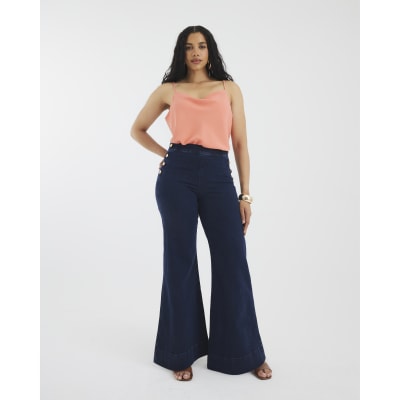 Blue High Rise Palazzo Button Detail Jeans